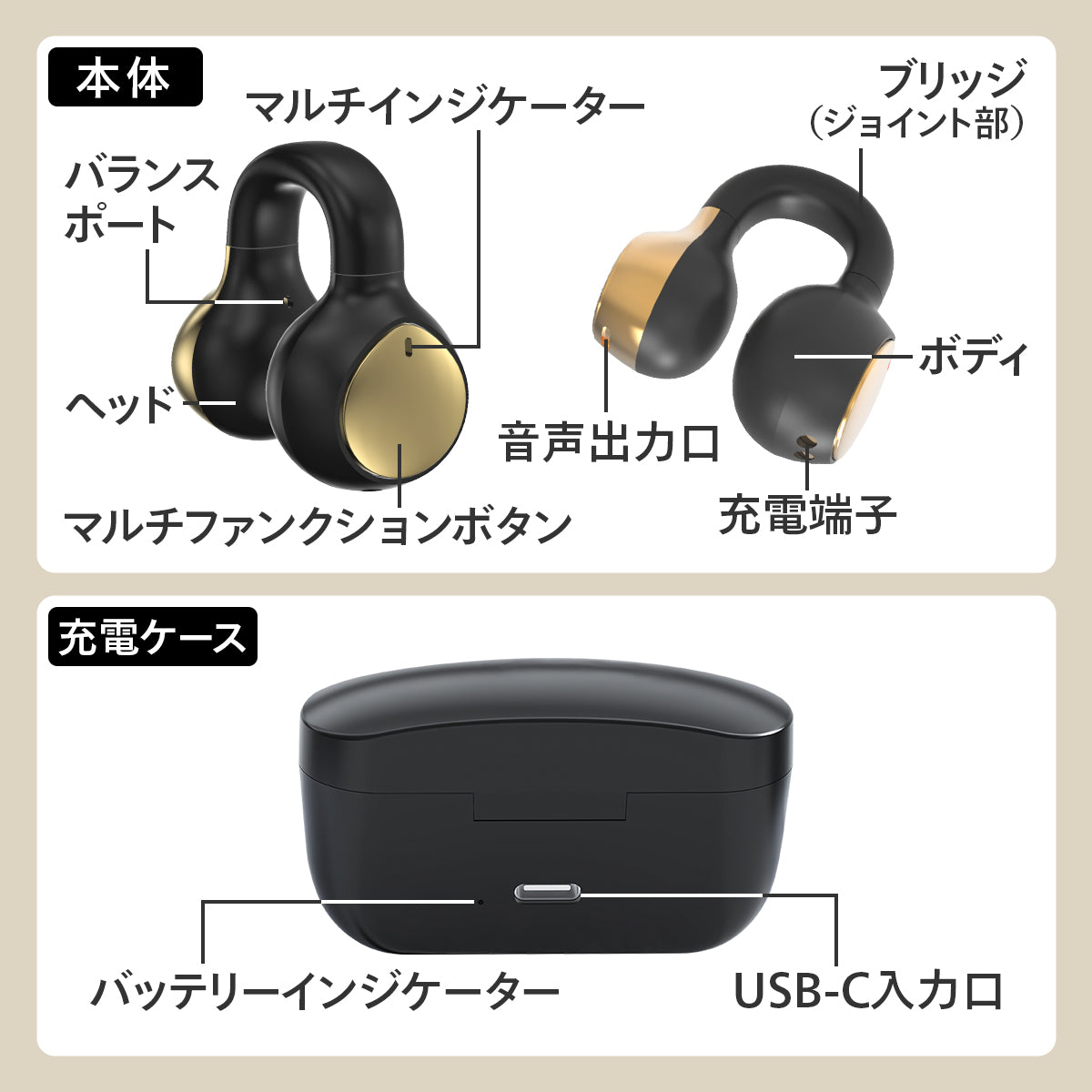 cheero Wireless Open Earphones Smart Black × Gold