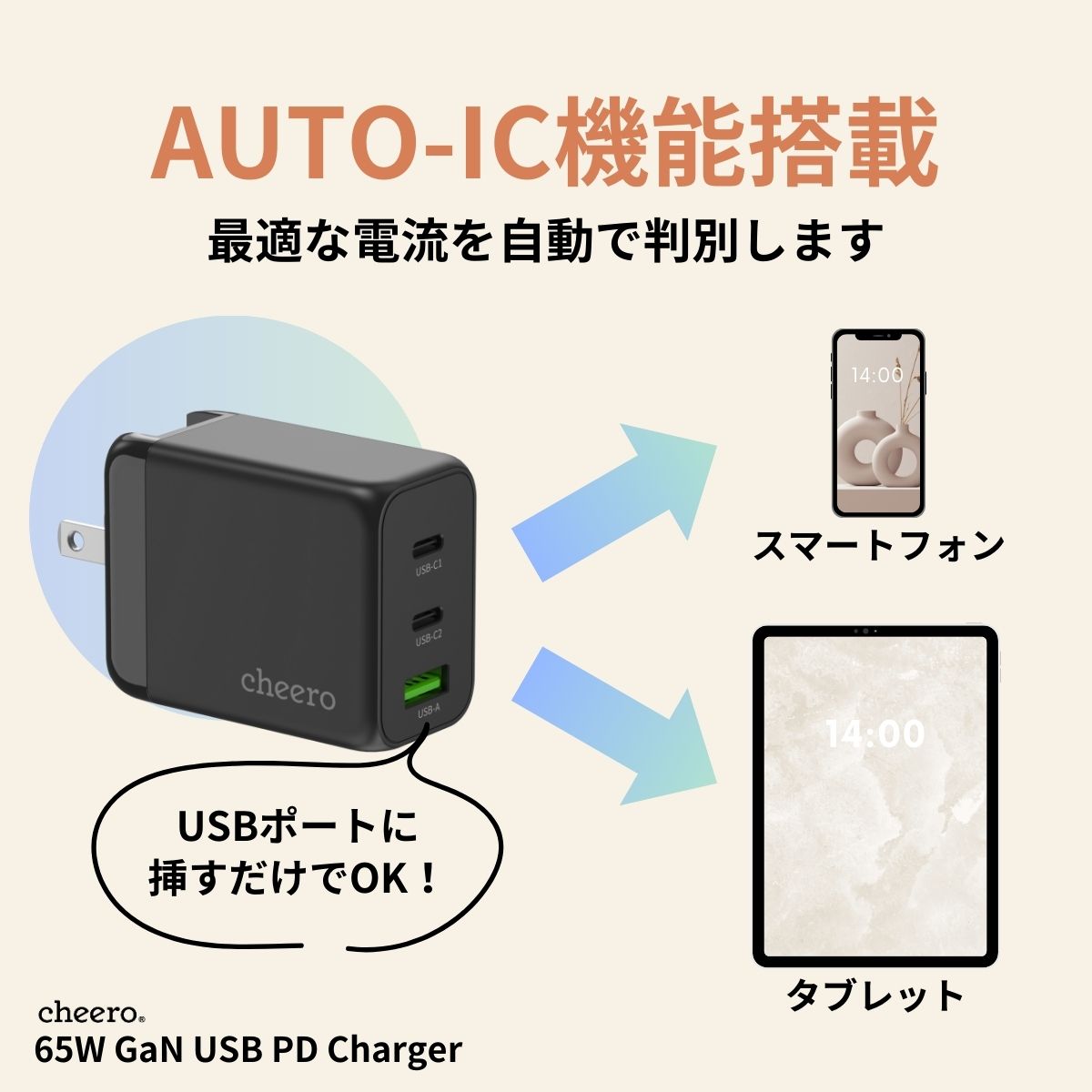 cheero 65W GaN 3 ports USB PD Charger